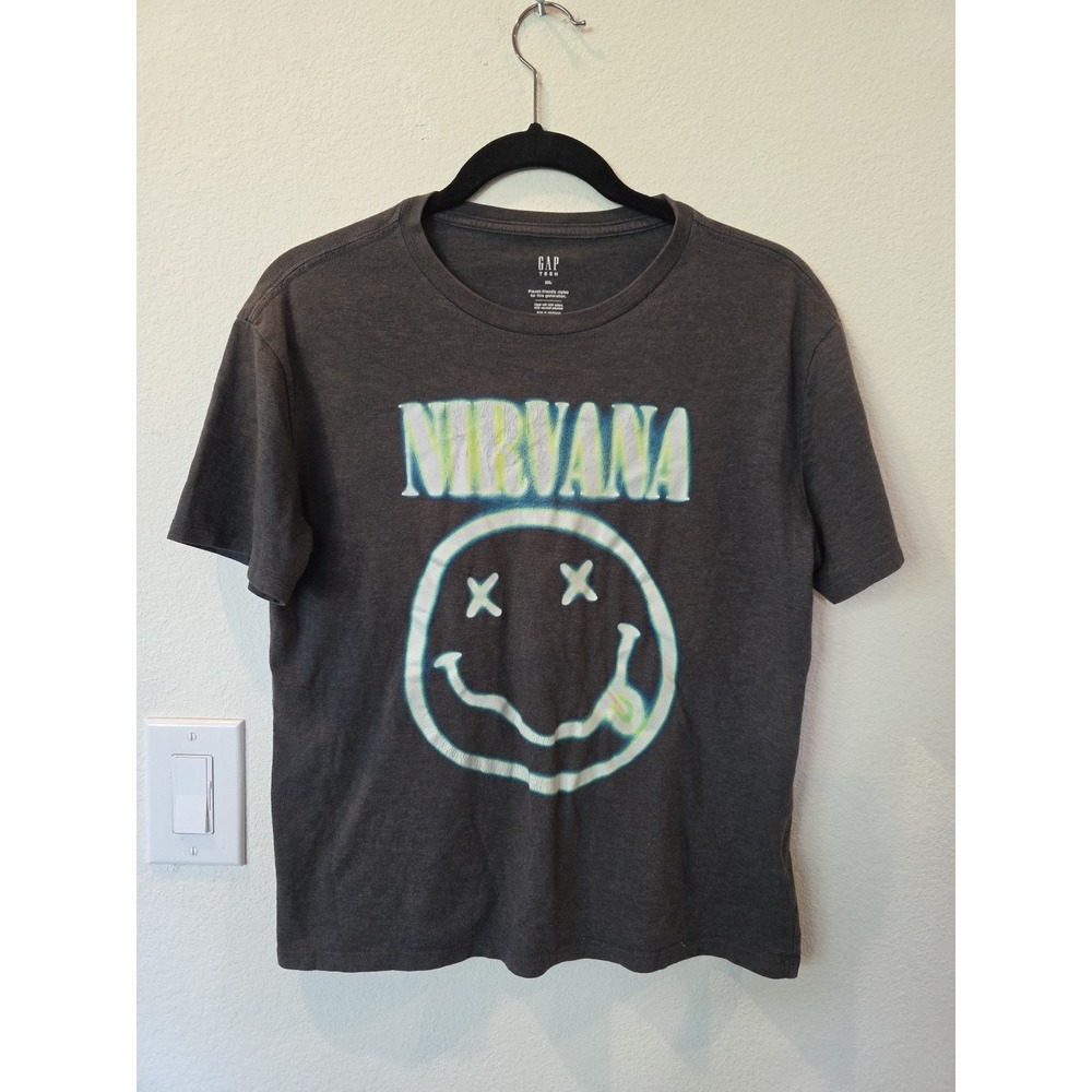 Gap Teen Unisex Nirvana Smiley Logo Grey Graphic Tee Tie‎ Dye Logo Sz XXL Boys